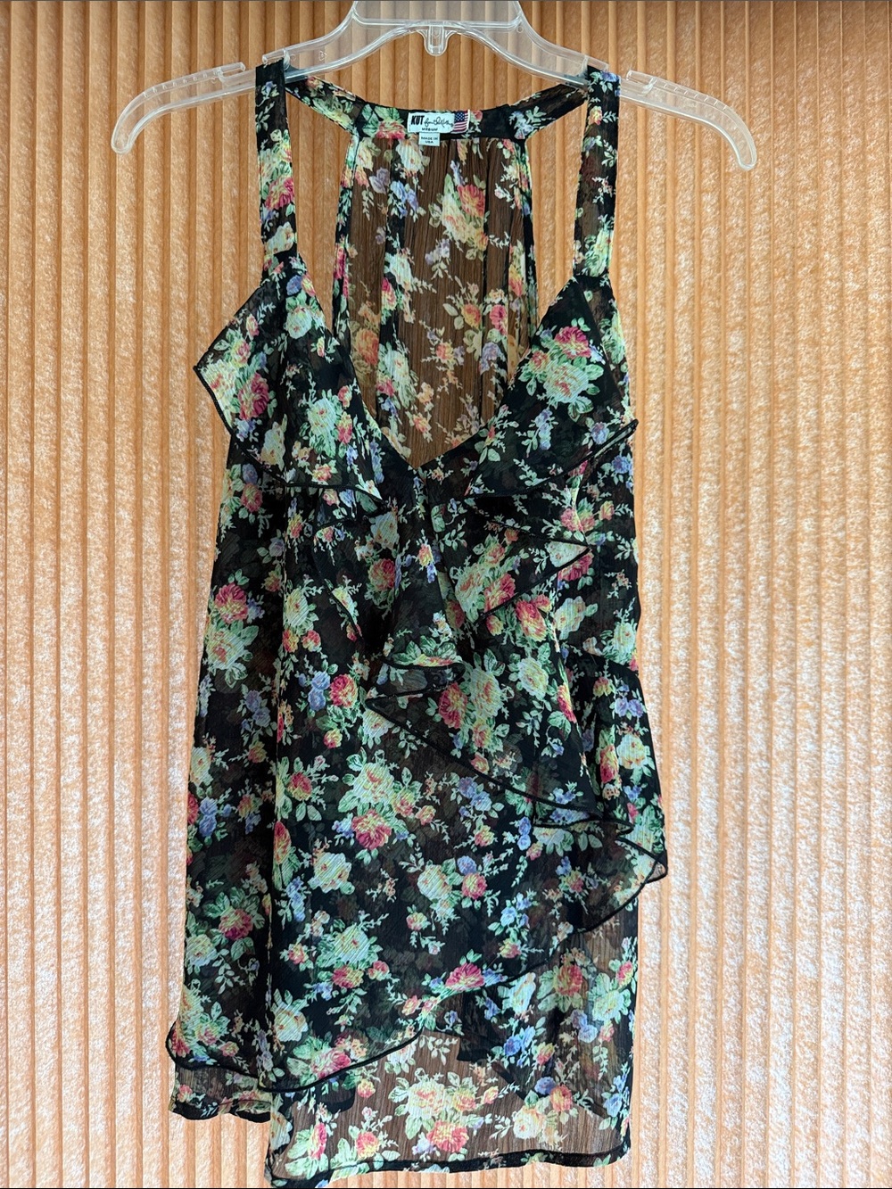 Kut from the Kloth Floral Ruffle Sheer Tank Top - Black Floral Size M